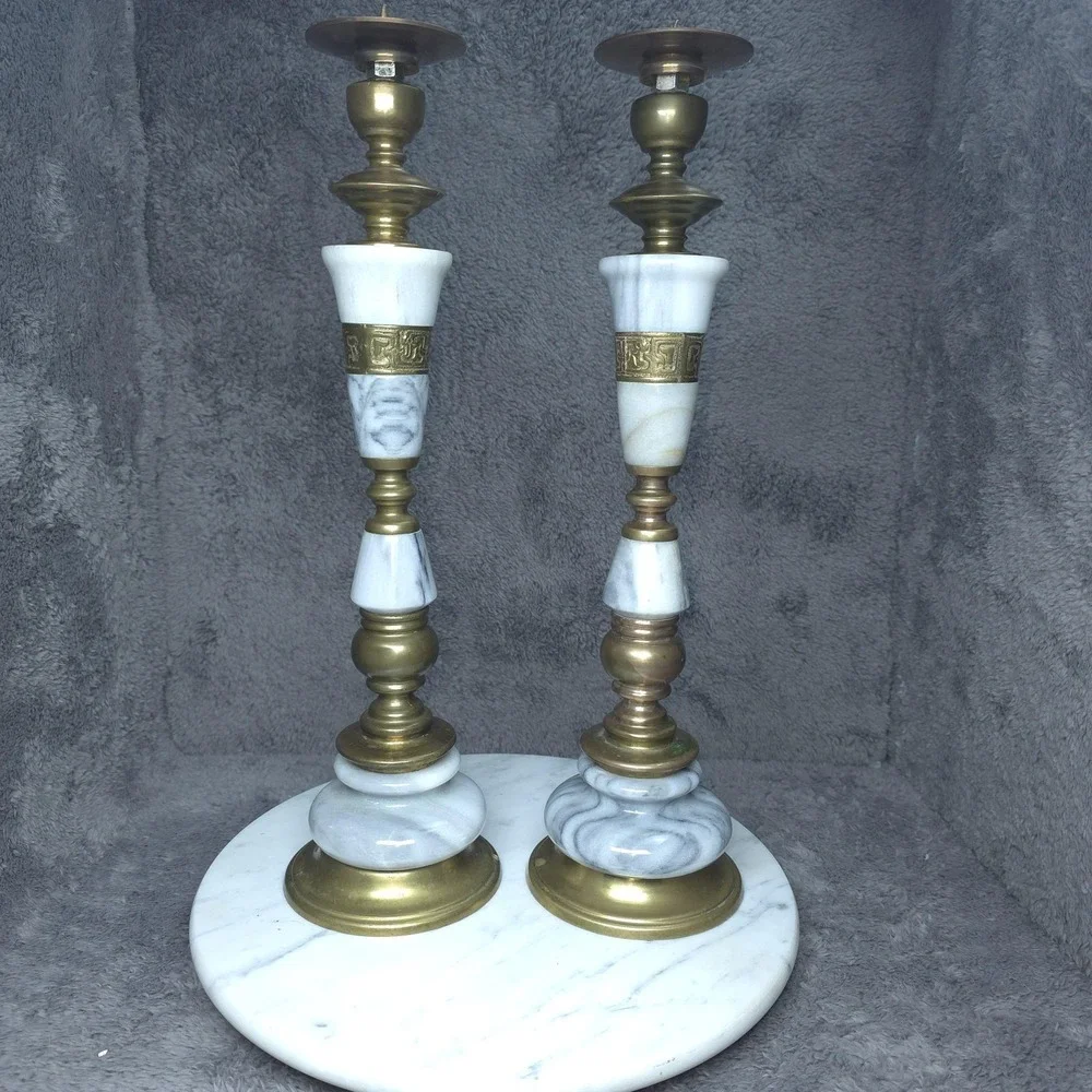 Vintage Brass Marble Candlestick Holders White Stone Taper Pillar Pair Decor 15